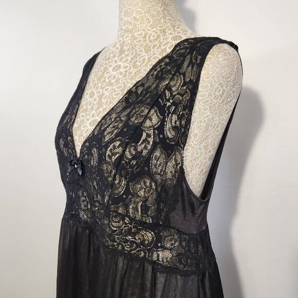 VTG Shadow Line Large Black Satin Nylon Lace Trim Slip Dress Nightwear Gothic - Picture 5 of 13